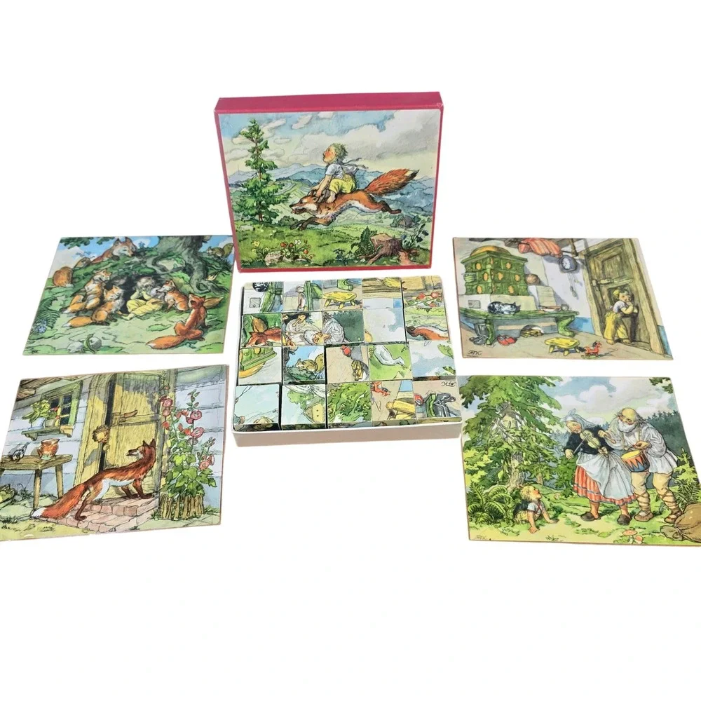 Kubus W Germany wood picture puzzle 12 block 5 guide sheets Budulinek Folk vtg